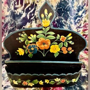 Vintage hand-painted metal floral wall pocket